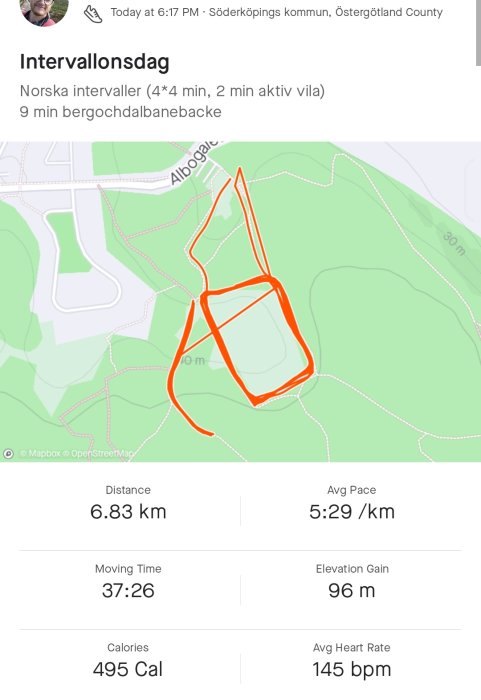 Spårningskarta för löpning, 6,83 km, 37:26 minuter, 495 kalorier, genomsnittspuls 145 bpm, Söderköping.