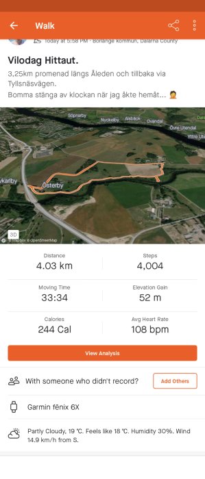 Skärmavbild av aktivitetsspårning; 4,03 km promenad överfält och genom Österby; användes Garmin enhet.