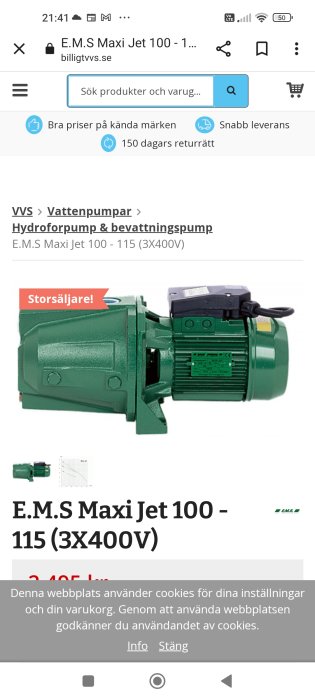 E-handelssida visar en grön hydroforpump, E.M.S Maxi Jet 100, med sökfält och varukorgsikon.