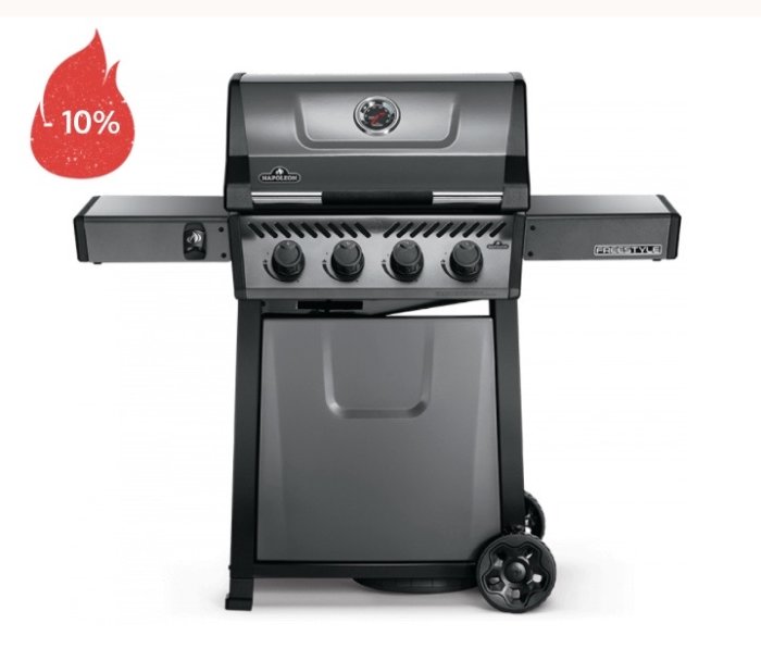 En gasolgrill med fyra brännare, sidohyllor och hjul, reklamvisning av 10% rabatt.