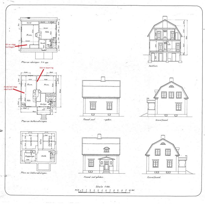 Arkitektoniska ritningar av ett hus, inkluderar planlösningar och fasader. Skala och dimensioner angivna, vissa ändringar noterade.