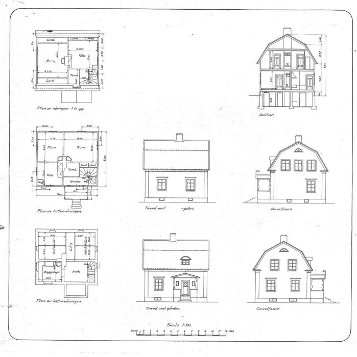 Arkitektoniska ritningar, husplaner, fasader, sektion, två våningar, skala markerad, ingen färg, detaljerad design, takkammare.