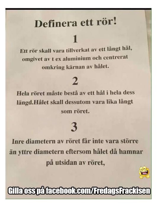 Text på papper med humoristisk definition av ett rör, Facebook-länk längst ned.