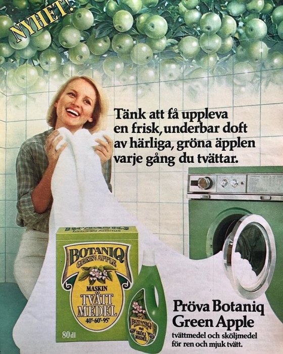 Glad kvinna, gröna äpplen, tvättmedel, tvättmaskin, reklam för Botaniq Green Apple.