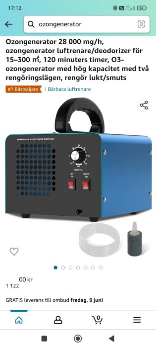 E-handelsskärm med ozongenerator, tillbehör, priset 1122 kr, gratis leverans erbjudande.