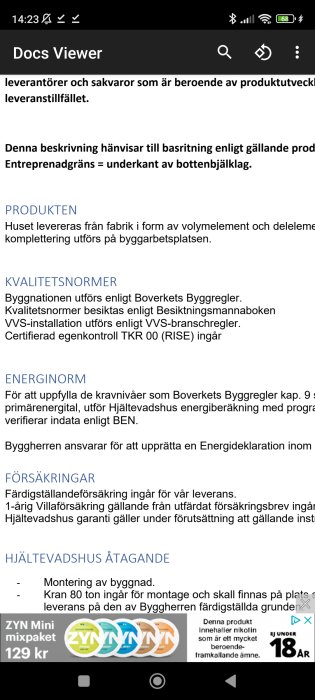 Skärmdump av dokumentvisare visar text om byggregler, energinormer, försäkringar och åtaganden för husleverans.