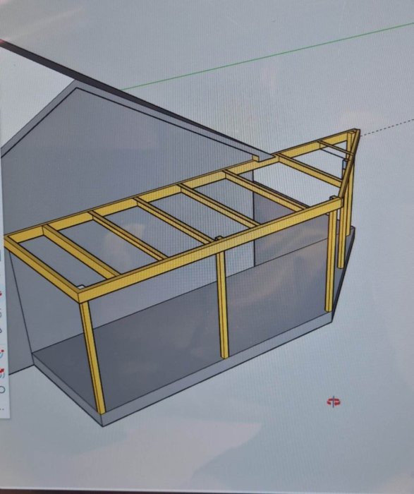 3D-modell av en trästomme för byggnad med gråa fyllnadsytor och gula bjälkar.