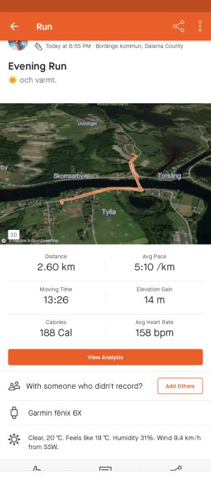 Kvällslöpning, 2,60 km, tid 13:26, takt 5:10/km, 188 kalorier, kartvy, Garmin enhet, väderdata, Borlänge kommun.