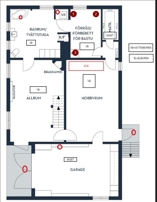 Planritning av ett hus med kök, allrum, badrum, tvättstuga, garage, hobbyrum och förvaringsutrymmen.