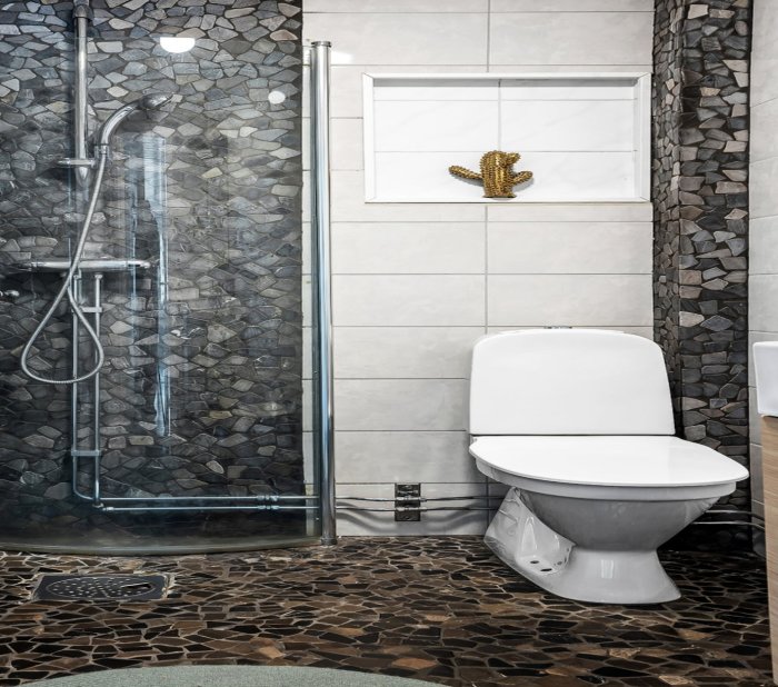 Modernt badrum, glasväggad dusch, stengolv, toalett, vägg inlagd med sten, inredningsdetalj kaktus.