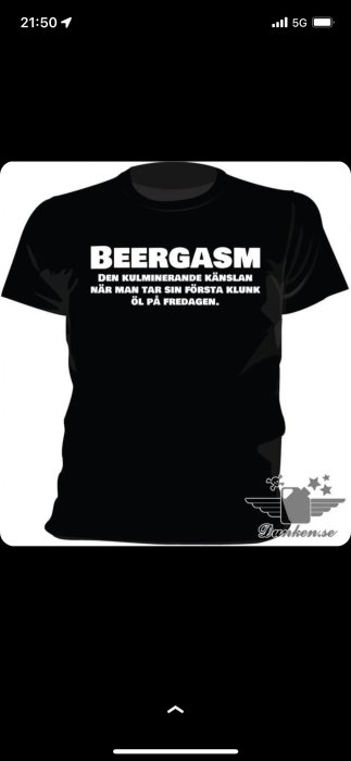 Svart T-shirt med vitt texttryck "BEERGASM" och humoristisk definition på svenska om ölhänryckning på fredagar.