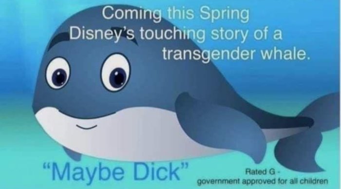 Animationsval mot blå bakgrund, parodi på filmannons. Innehåller text angående transgenrörelse, titel ordlek, barnvänlighetsmärkning.