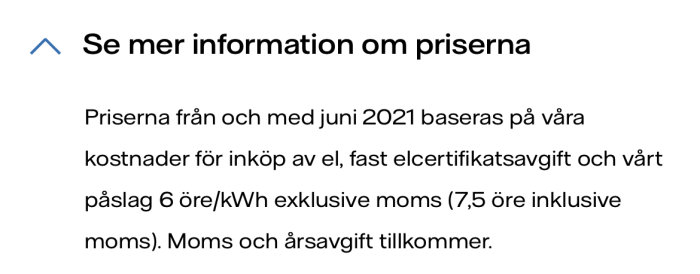 Svensk text om elpriser, inkluderar detaljer som datum, certifikatsavgifter och moms.