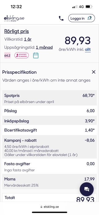 Skärmdump av elprisjämförelse på elskling.se; visar rörligt pris, prisdetaljer och total kostnad per kWh.