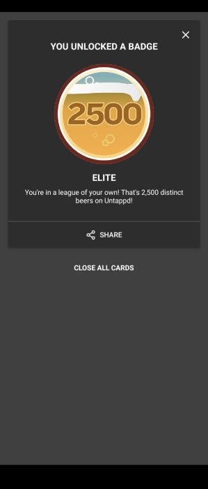 Digital belöningsmärke för att ha provat 2 500 unika ölsorter på Untappd-appen.