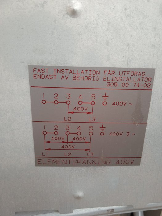 Etikett på maskin med elschema, varningstext "endast behörig elinstallatör", 400V-elementspänningar, installationsinstruktioner.