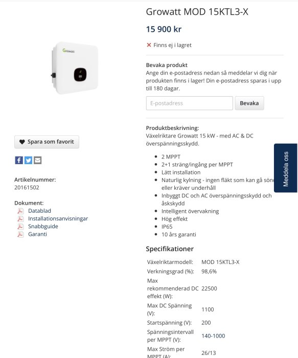 Växelriktare, Growatt MOD 15KTL3-X, kostar 15 900 kr, slutsåld, produktbeskrivning, specifikationer, energihantering, dokumentlänkar.