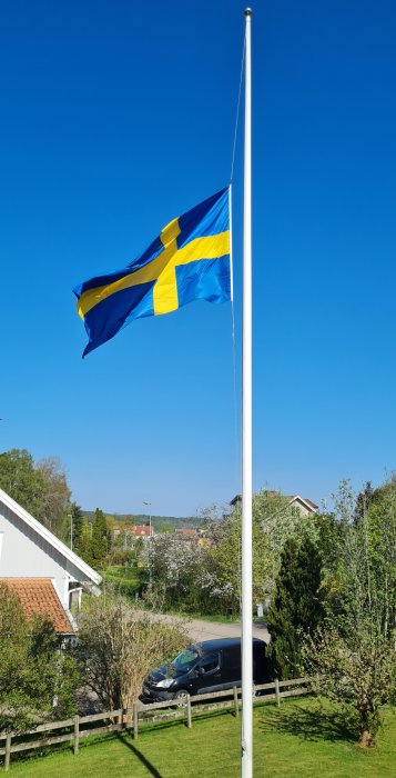 Svensk flagga vajar i vinden, klarblå himmel, trädgård, bostadshus, flaggstång.