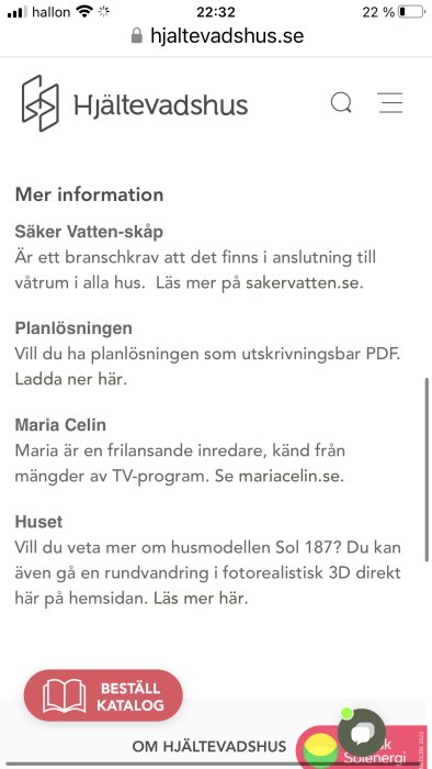 Webbsida för Hjältevadshus, information om säkerhet, planlösning och inredare, knapp för katalogbeställning.