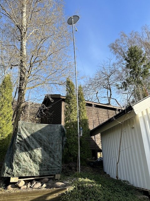 Trädgård, täckt föremål, hus, garage, ljusmast, blå himmel, träd utan löv.