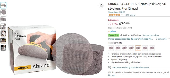 Nätslipdiskar, Mirka Abranet, 50-pack, 150 mm diameter, kornstorlek 240, slipning, hög kvalitet, produktbild.