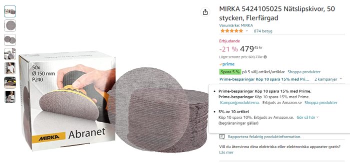 En produktbild på slipdiskar, Mirka Abranet, 50-pack, med prisinformation och rabatterbjudande.