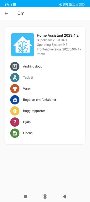 Skärmbild av Home Assistant-program, version 2023.4.2, med meny för systeminformation och inställningar, på svenska.