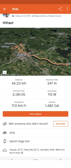 Cykeltur i Borlänge kommun, kartspår, 44,23 km, rörlig tid 2:36, molnigt väder, Garmin enhet.