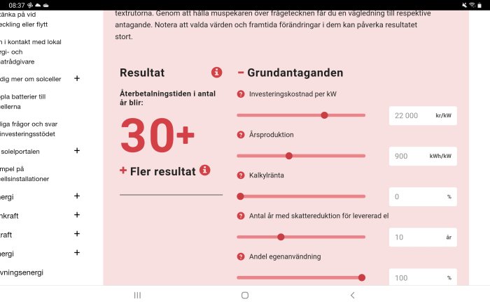 Ekonomisk kalkylator för solenergi med återbetalningstid och antaganden såsom kostnad, produktion, skattereduktion.