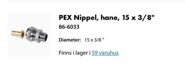 PEX-nippel, kopplingsdetalj, mässing, för rör, tillgänglig i butiker, produktinformation, VVS-tillbehör.