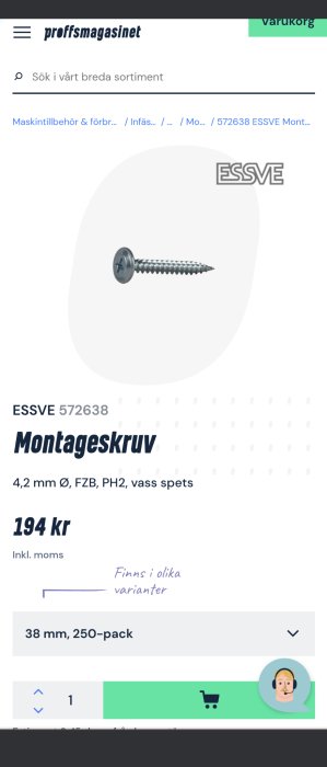 Montageskruv, 4,2 mm diameter, vass spets, 194 kronor, webshop, 250-pack.