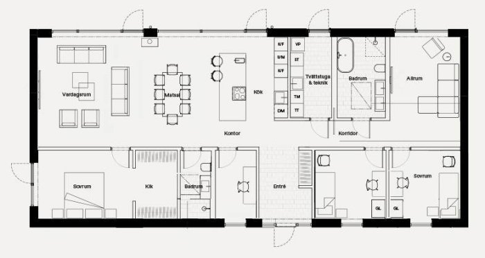 Arkitektonisk ritning, planlösning, bostad, rumsetiketter, möbleringssymboler, modern layout, entré, vardagsrum, kök, badrum.