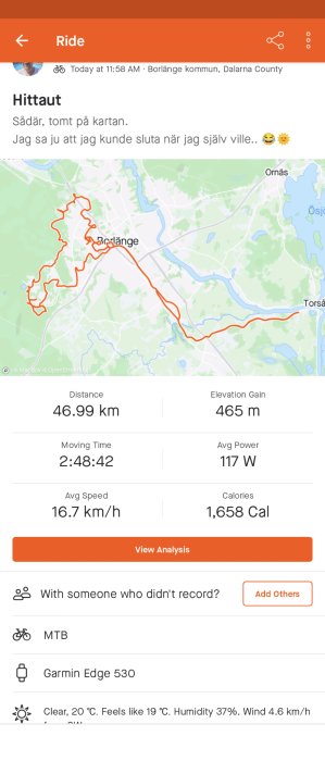 En skärmdump från en aktivitetsspårningsapp som visar statistik från en 47 km cykeltur.