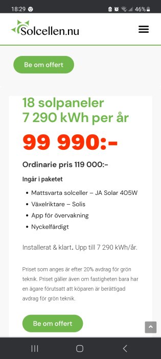 Reklam för solpaneler, 18 stycken, 7290 kWh/år, erbjudandepris 99 990 SEK, inkluderar installation och app.