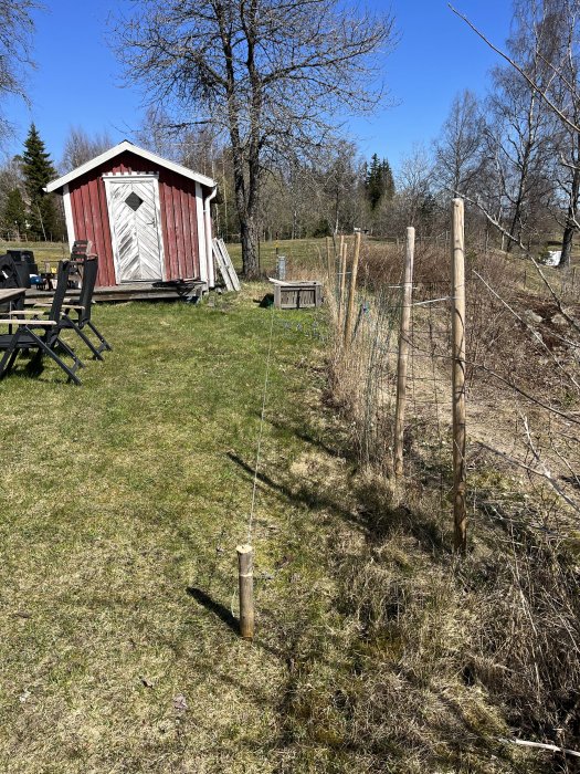 Trädgård med röd stuga, träd, staket, stolar och blå himmel på en solig dag.