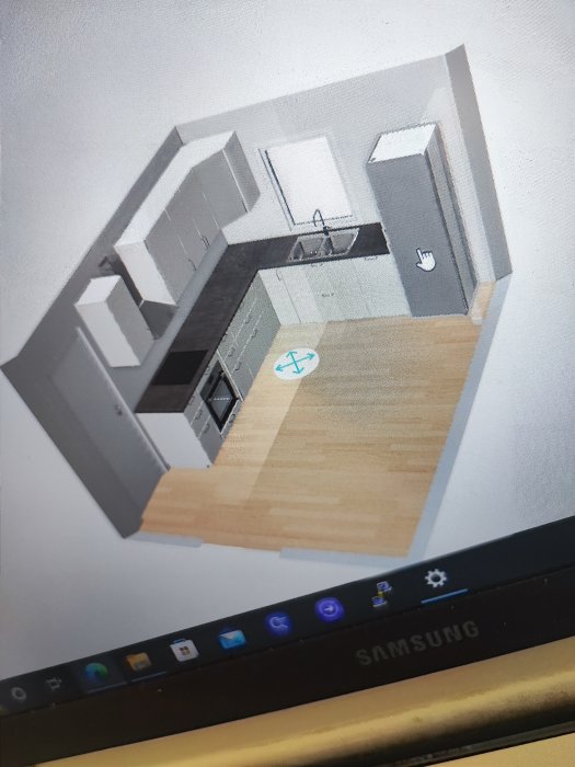 3D-modell av ett kök på en datorskärm, perspektiviskt designverktyg, Samsung-märkt monitor.