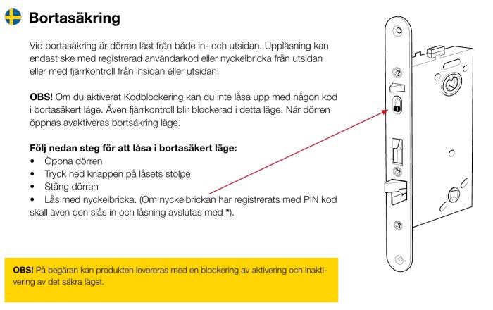 Instruktioner för säkerhetslåsaktivering med illustration och steg-för-steg anvisning. Text på svenska, grafisk manual.