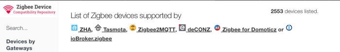 Webbsida som listar Zigbee-enheter kompatibla med olika system, totalt 2553 enheter uppräknade.