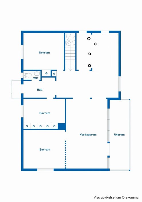 Ritning av en bostad med sovrum, vardagsrum, uteplats, hall och WC.