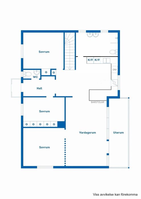 Blåritad planritning av bostad med sovrum, vardagsrum, kök, wc, hall och uterum.