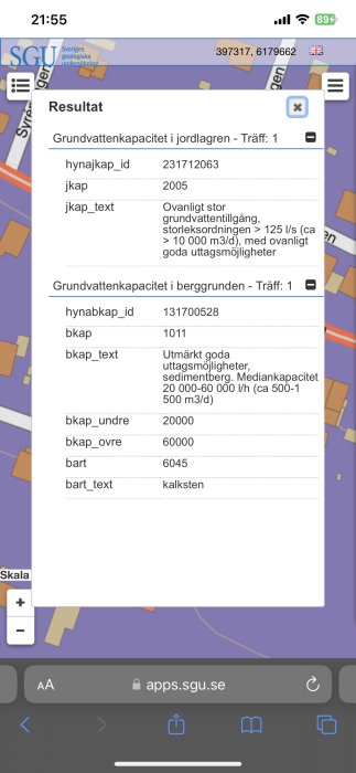 Skärmavbild av Sveriges geologiska undersökning webbplats visar grundvattenkapacitet resultat på mobil.