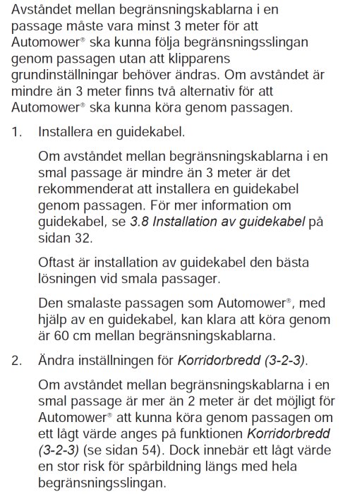 Svensk text om installationsanvisningar för Automower, inkluderar guidekabel och korridorbreddsinställningar.