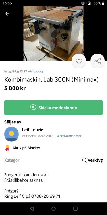 En skärmdump av en annons för en begagnad kombimaskin (Lab 300N Minimax) från en köp- och säljsida.