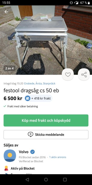 Festool kap- och geringssåg till salu utomhus, mot bakgrund av tegelvägg och grus. Online försäljningsannons på Blocket.