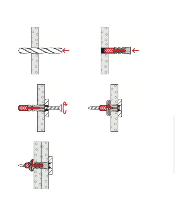Instruktionsbilder som visar steg för att fästa en vajer med en genomföringsankare i metall.