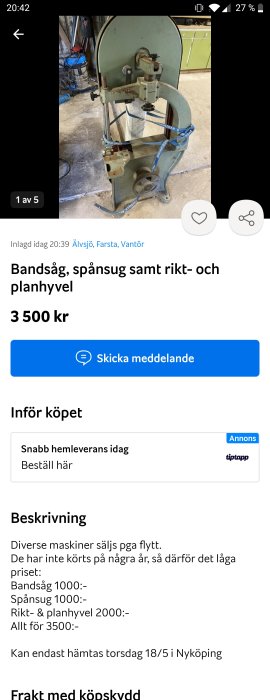 Bandsåg i verkstad, till salu; grön och beige, metall, bälte synligt. Online-annons, prisuppgift, avhämtning specificerad.