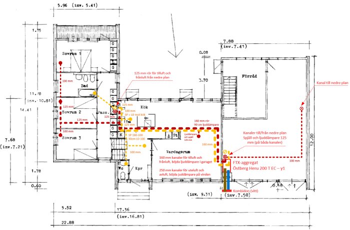 Det här är en arkitektonisk ritning eller installationsplan som visar VVS-layout för en byggnad.