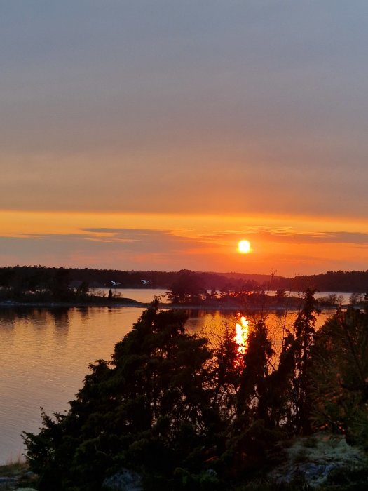 Solnedgång över en stilla vattenyta, silhuetter av träd och stenar, mjuka moln, varma färger i himlen.