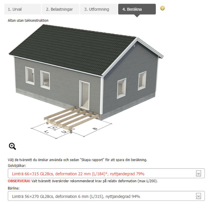 3D-modell av hus och altan; konstruktionsdetaljer; byggdesign; beräkningsinformation; planritning; användargränssnitt.