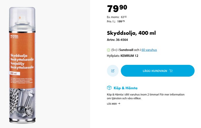 En skärmbild av en webbutik som visar en burk med skyddsolja för 79,90 kronor.